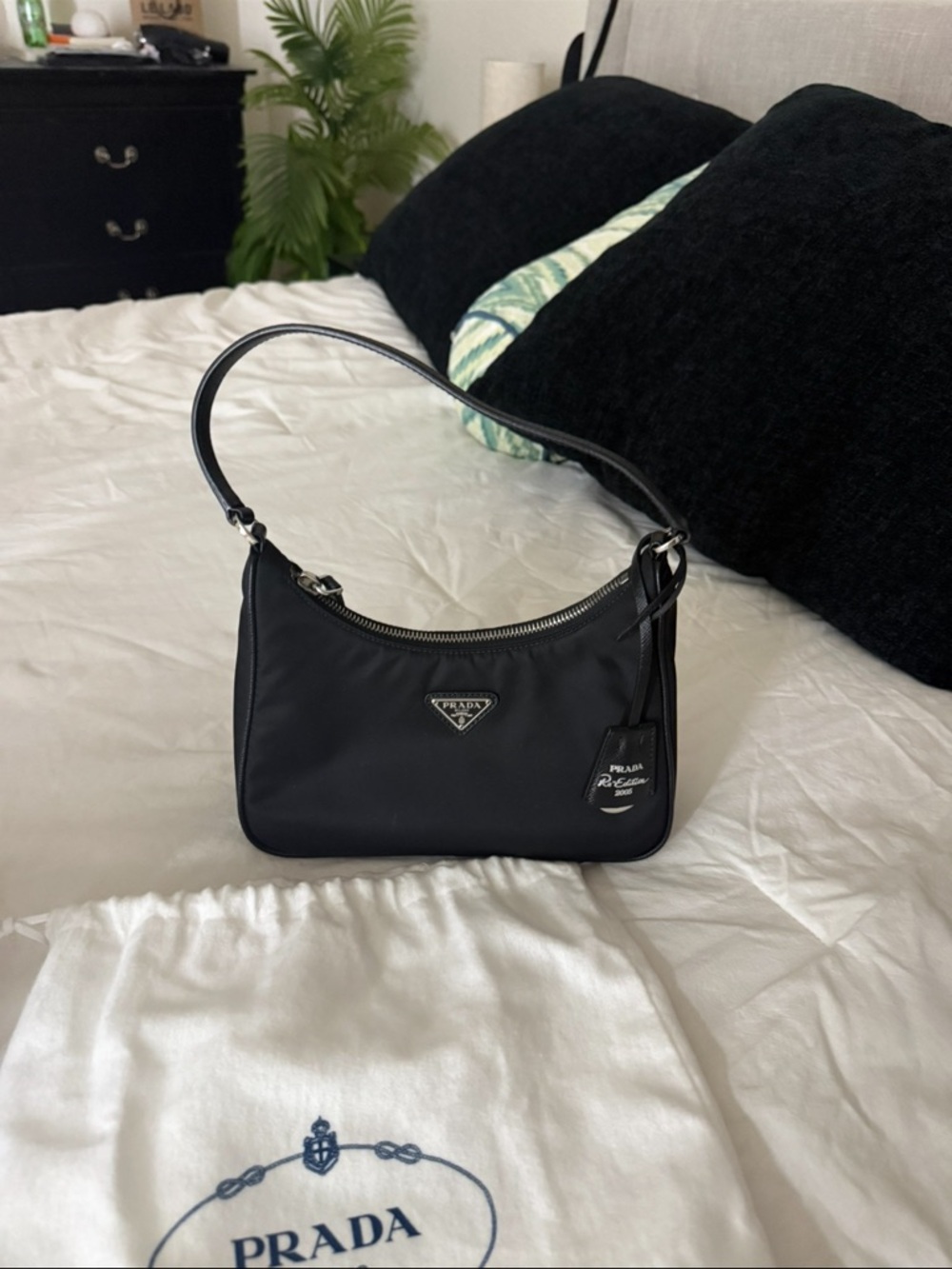 Prada Black Nylon Shoulder Bag with Silver-Tone Logo